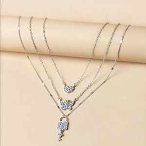 Set of 3 - Rhinestone Lock, Butterfly, Heart Layered Necklace